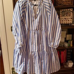J. Crew Blue and White Tiered Mini dress with long sleeves